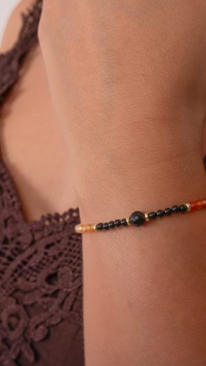 Bransoletka z karneolem, bursztynem, turmalinem, spinelem i łezką cytrynu, Srebro 925 w złotym pokryciu