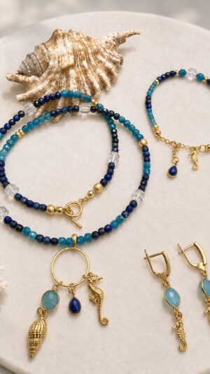 Komplet z topazem, apatytem, lapisem lazuli i chalcedonem, Konik Morski, Srebro 925 w złotym pokryciu